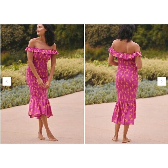 NWT By Anthropologie Off-The-Shoulder Smocked Midi Dress Size XL Pink #G2422 - Picture 1 of 11